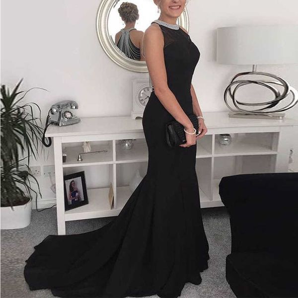 

luxury evening dress 2021 women's round neck sleevels beaded long skirt, Black;gray
