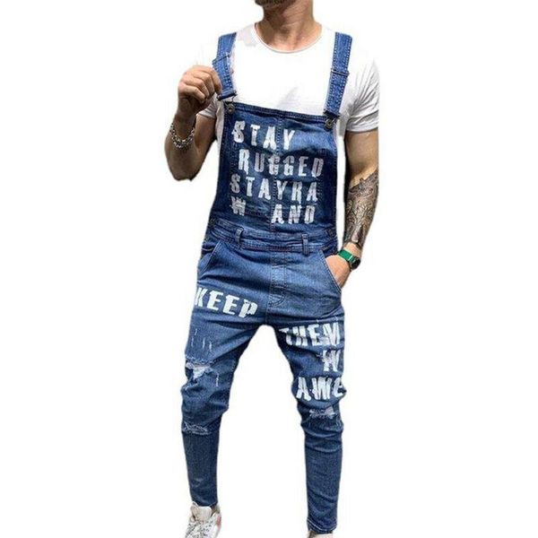 

men's jeans mens denim dungarees overalls slim fit skinny jumpsuit clothes printed letter full length pockets hole casual pencil pants, Blue