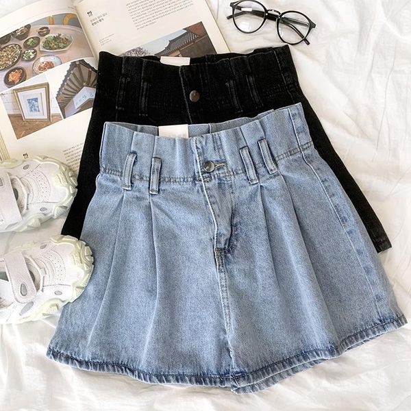 

women's shorts summer elastic wasit denim skirt women vintage high waist wide leg pants, White;black