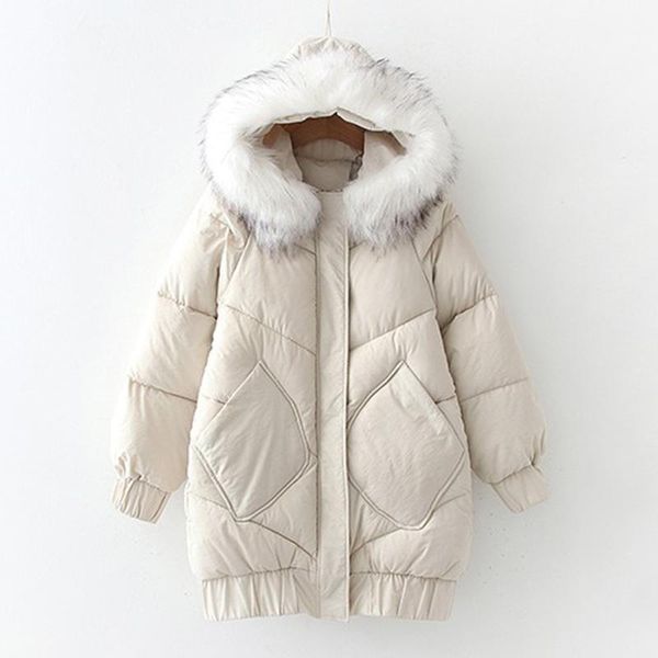 

women's down & parkas winter loose mid-length jacket large fur collar pocket thick cotton padded parka female coat, Black