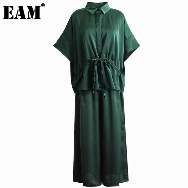 

[eam] wide leg pants green big size two piece suit lapel half sleeve black loose fit women fashion spring autumn 21512, White