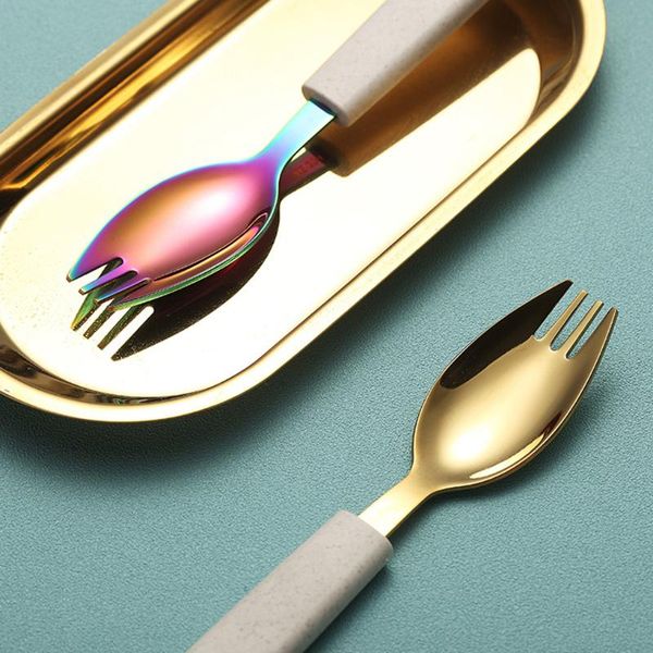 

forks 2 in 1 soup salad spork wheat straw material handle stainless steel spoon home tableware dinnerware