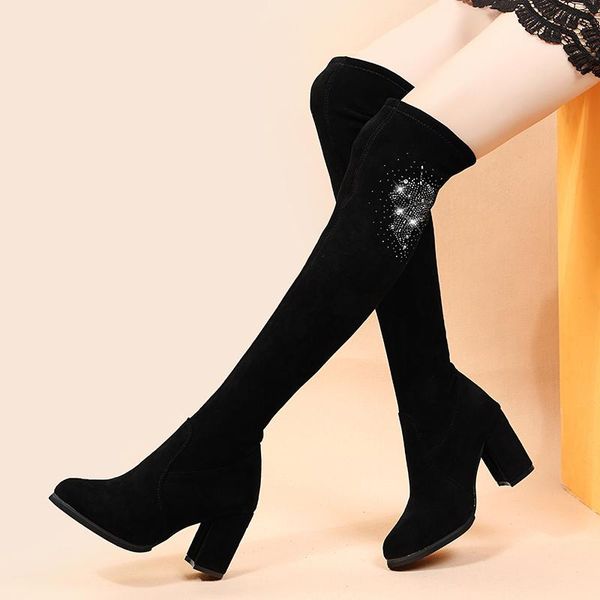 

boots 2021 comfortable winter over the knee women stretch fabric thigh high woman shoes long bota feminina zapatos de mujer, Black