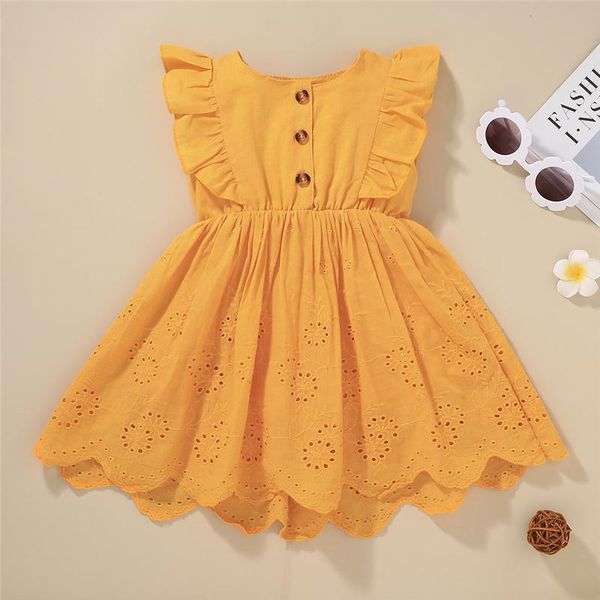 

girl's dresses 2021 baby summer sundress solid color o-neck sleeveless flounce jumper with buttons for toddler girls clothing, Red;yellow