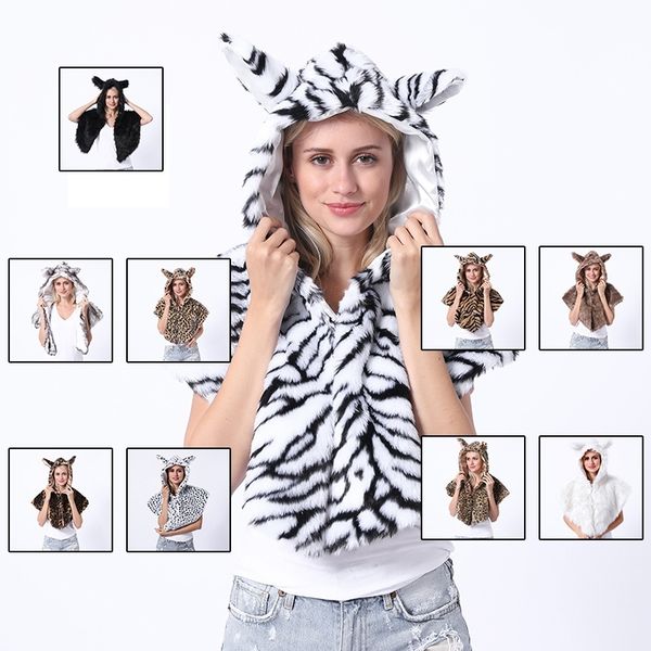 

2021 winter fashion imitation fur cloak hat tassel fox shawl hooded cloak, Black