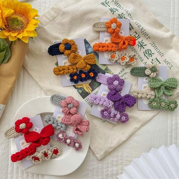 

hair accessories 4pcs/set girls cuteknitted flower clips kids sweet barrettes ornament bangs clip, Slivery;white