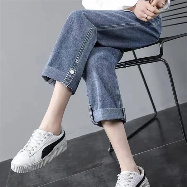 

women's jeans pure color pant women spring summer loose high waist button zipper wash all-match fashion simple commuting straight denim, Blue