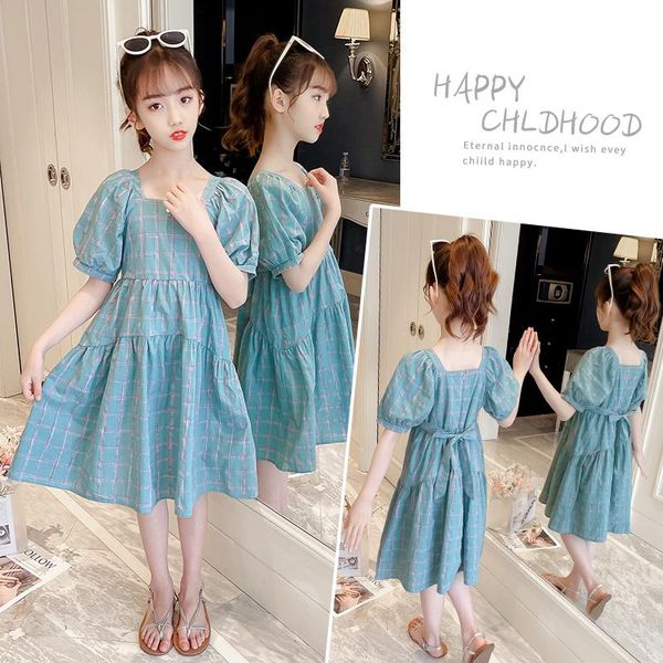 

girls summer korean dress 2021 short-sleeved plaid western-style girl's dresses, Red;yellow