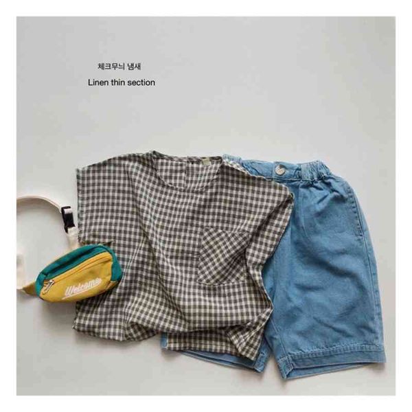 

summer new toddler baby boy girl cotton and linen thin children's vest kid plaid pattern soft sleeveless 210413, White