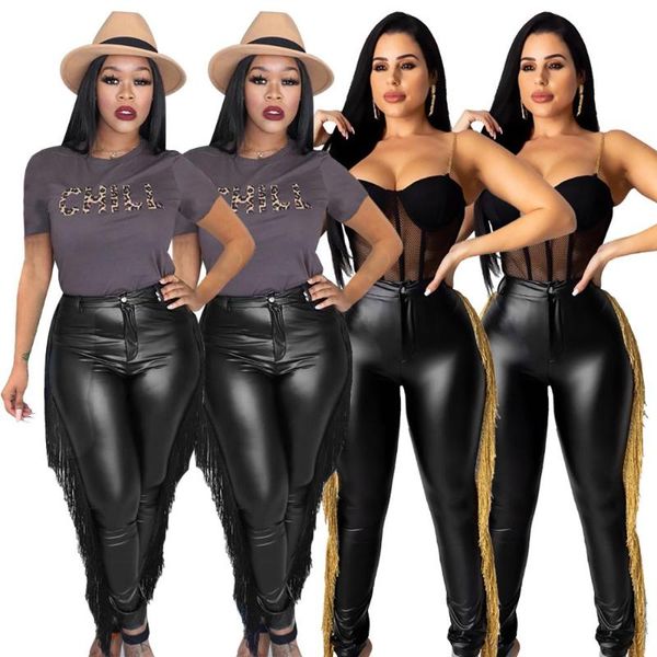 

women's pants & capris autumn and winter pu leather high waist tight pencil casual fashion two-color tassel elastic party pant, Black;white