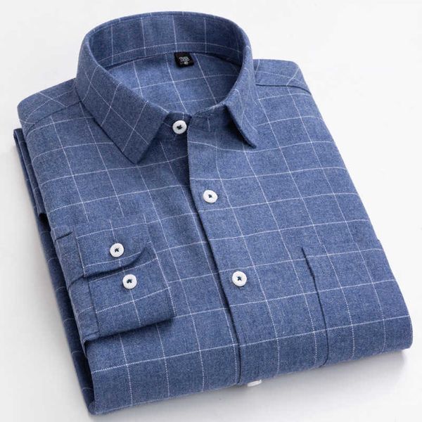 

men's long sleeve shirt casual plaid camisa single pocket brushed mens button shirt slim fit checked chemise homme mens clothes 210609, White;black