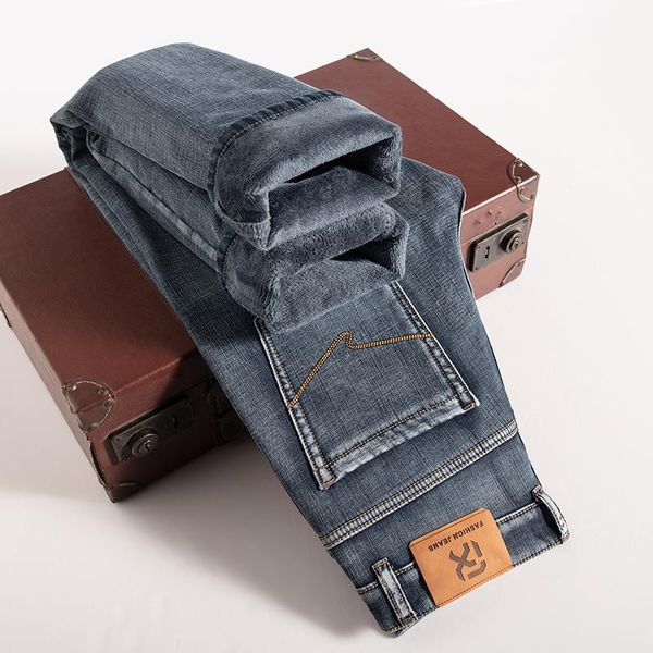 Jeans masculinos marca high-end velo 2021 inverno homens negócios em linha reta além de veludo espesso calças jeans macho estiramento calças quentes