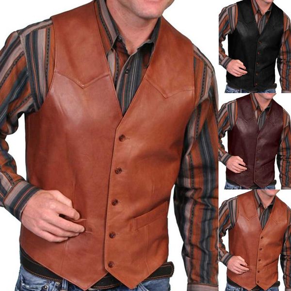 Coletes masculinos Homens Jaqueta de couro colete vintage cowboy waistcoat outono sem mangas cor sólida Faux Moda Mens Plus Size