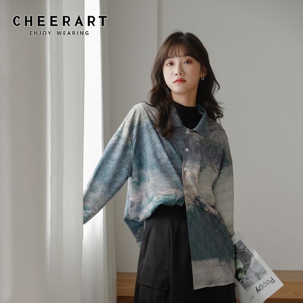 

gradient hand painted vintage shirt long sleeve and blouse button up collar fashion designer clothes 210427, White