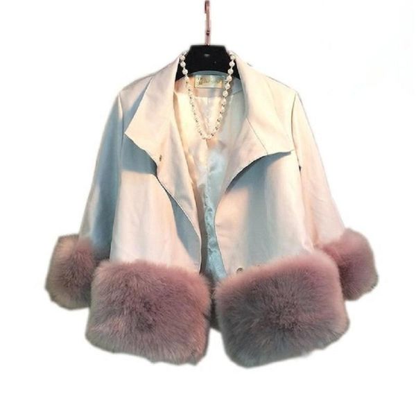 

women's fur & faux stitching pu leather jacket female 2021 winter fashion women coat loose short outwear l1388 ems, Black
