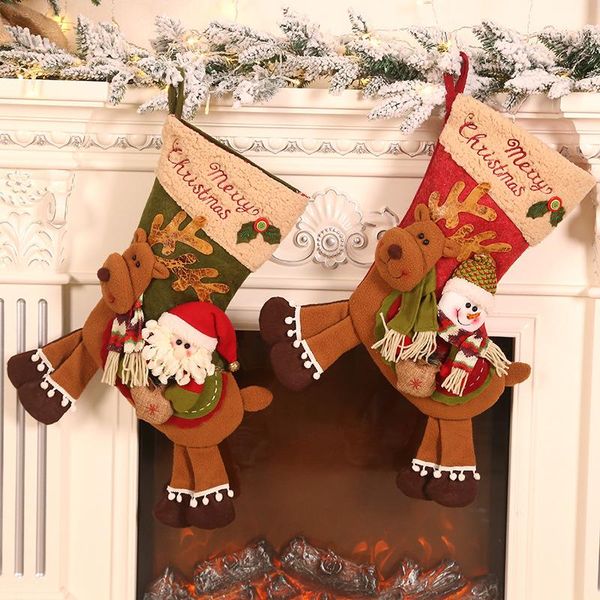 

christmas decorations 24*57cm cute soft party xmas tree hanging decor cartoon riding deer santa snowman stocking sock kids gift candy bags