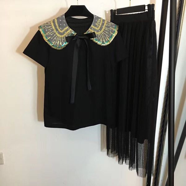 

two piece dress retro design summer sequins embroidery net yarn bow tie black t-shirt half skirt luxury suit brand ldj0, White