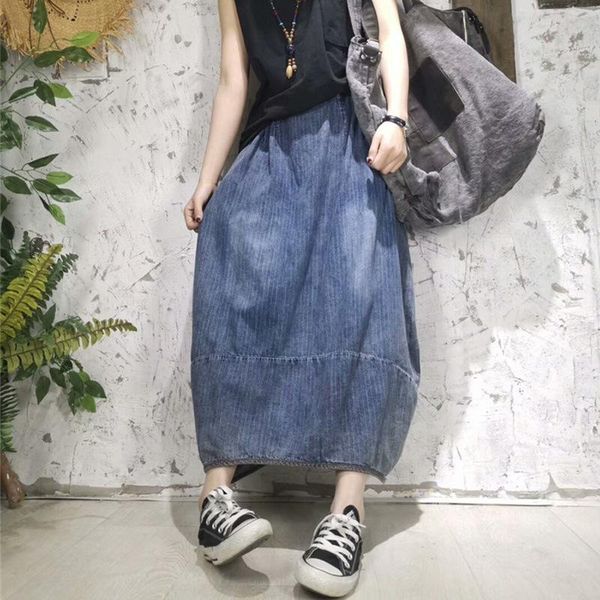 

women large size loose summer all-match denim skirt 2021 ladies retro casual spliced vintage skirts, Black