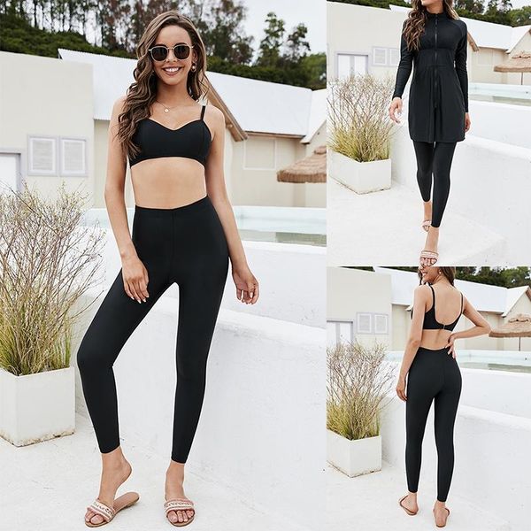 

swim wear haofan 2021 muslim swimwear ladies solid color sling sports long-sleeved swimsuit islamic burkini 3-piece set