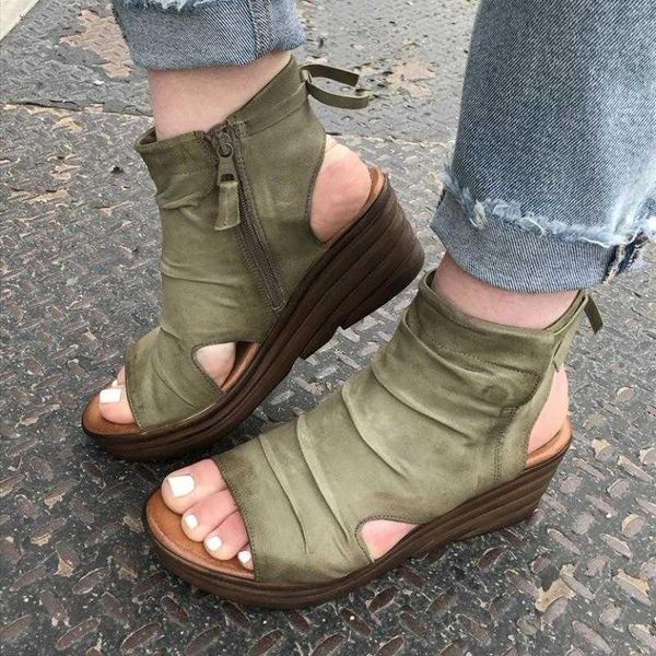 

sandals women leather zipper wegde solid color platform ladies shoes summer fashion outdoor casual soft comfy female footwear, Black