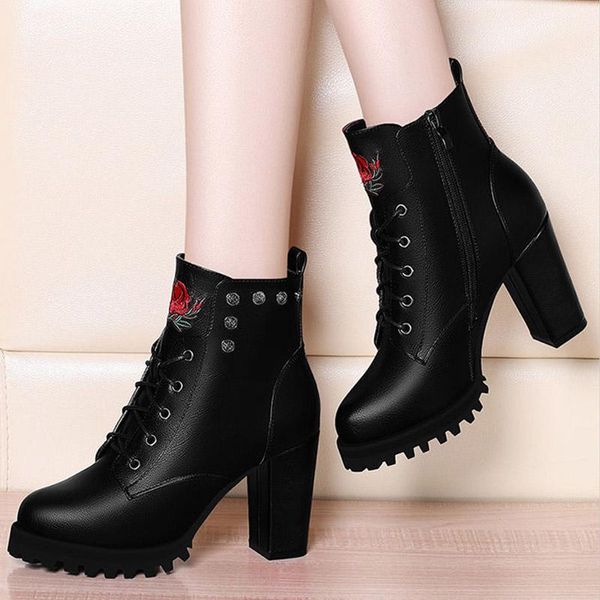 

boots gladiator women shoes 2021 winter cross-tied ankle boot embroidery high heels booties rivet platform botas mujer 8652l, Black