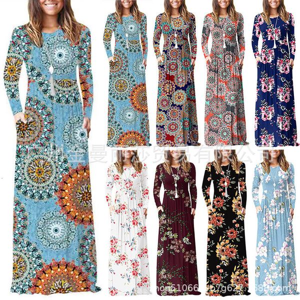 

luxury casual drs print sleeve pocket round neck waist long skirt drs in autumn and winter of 2021, Black;gray