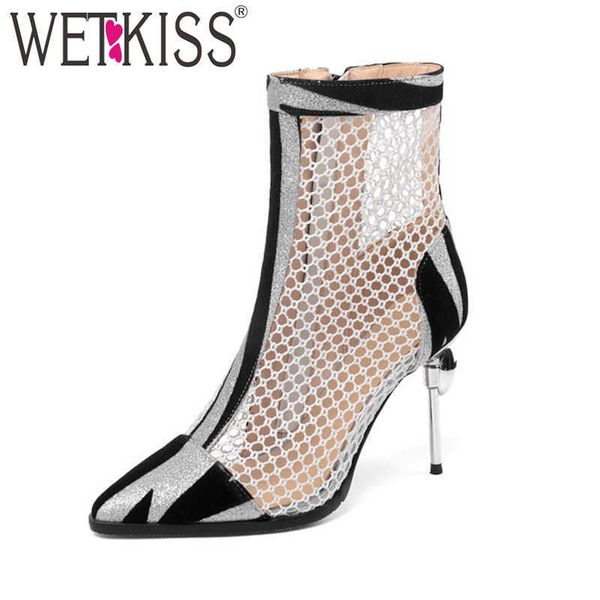 

wetkiss big size women shoes stiletto heels ankle boots summer mesh mixed color booties thin high heels shoes woman 210630, Black