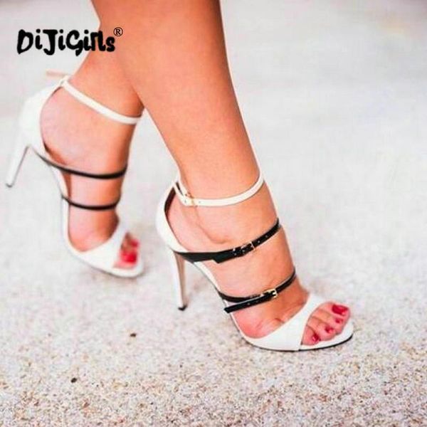

dropship summer sandals women thin high heels buckle strap gladiator peep toe shoes white, Black