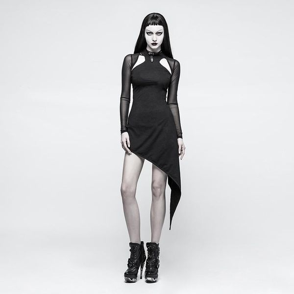 

casual dresses punk gothic women black hollow out asymmetrical sideways hem high collar soft cotton mesh fashion, Black;gray