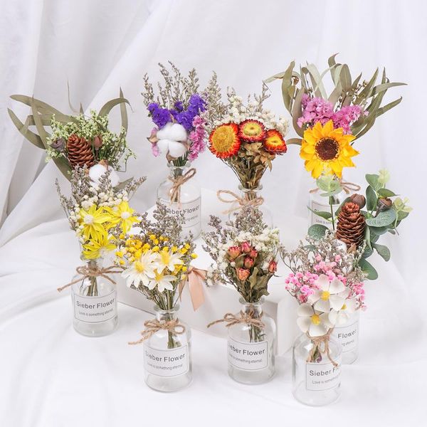 

decorative flowers & wreaths 1set natural dried with vase transparent glass bottle table living room garden el wedding decorations