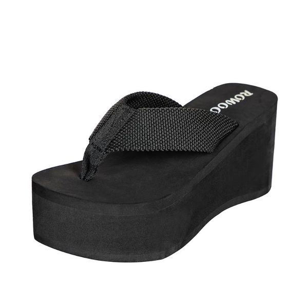 

high heel women sandal shoes solid summer flip flops wedges platform textile 3.15" height increasing 8cm footwear slippers, Black