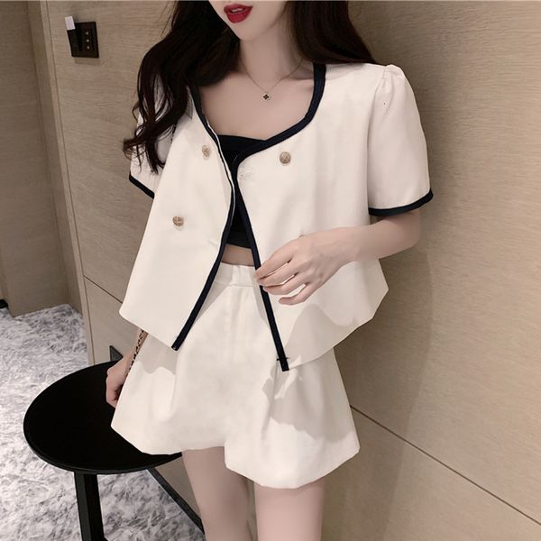 

women's jumpsuits & rompers small fragrance pant suits summer loose two piece set women crop short sleeve shirt + wide leg sho, Black;white