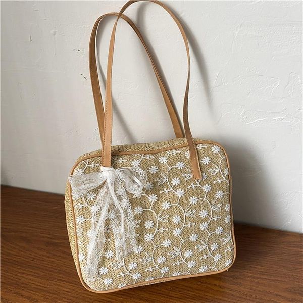 

summer fashion handbag women straw woven shoulder bag lace flowers embroidery beach ladies hand bolsa feminina cross body