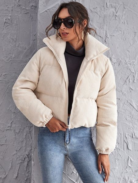 

zipper up cord puffer jacket u61t#, Black