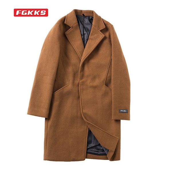 

men's wool & blends fgkks autumn and winter mid-length woolen coats men's korean style slim plus size casual jackets, Black