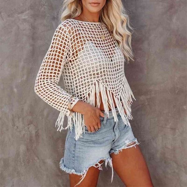 

women's swimwear hollow out crochet camisole knitted shirt retro summer boho long sleeve teen fringe hem casual v886, White;black