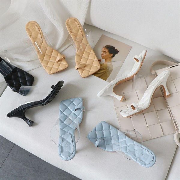 

spring and summer slippers women wear transparent pvc high-heeled sandals thin heeled all-match flip-flop shoes, Black