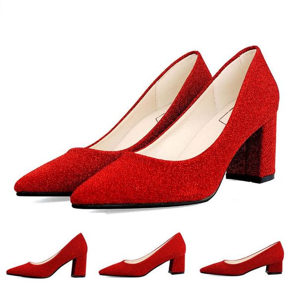 

dress shoes red star sequin cloth wedding solid color female pointed thick heel bride studio pography large xiuhe, Black
