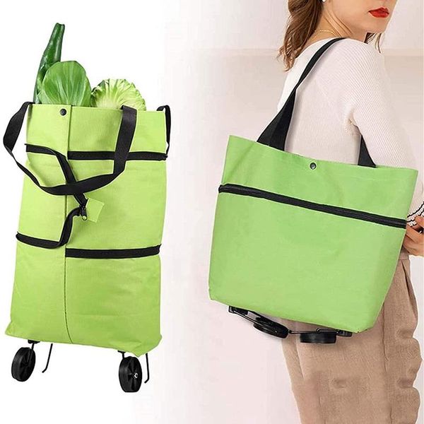 

shopping cart with wheels foldable bags reusable grocery organizer vegetables bag 2 in 1 small pull storage