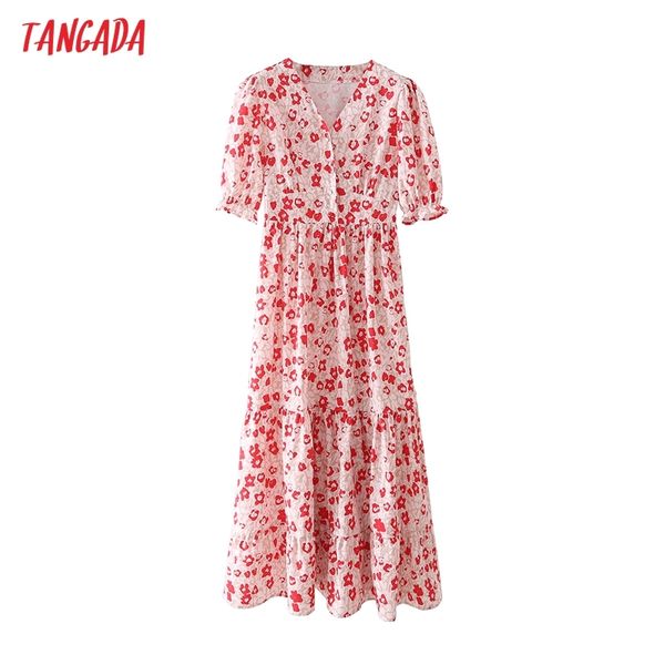 

summer women red flowers print french style long dress puff short sleeve ladies sundress 3a87 210416, Black;gray