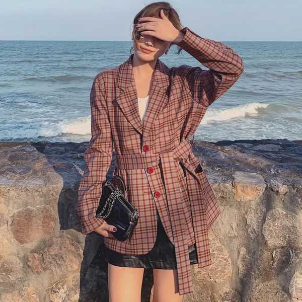 

autumn 2021 plaid long sleeve suit korean style women's loose double big pockets vintage blazers with belt famale suits &, White;black