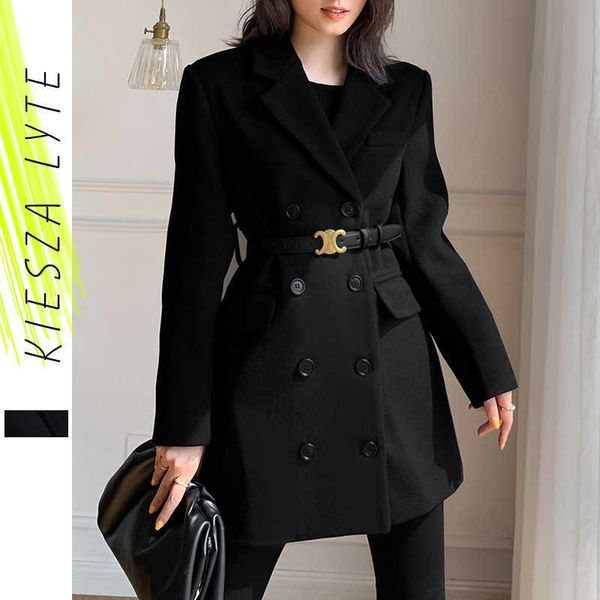 

black woollen blazer for women's midi winter hepburn style thick slim double breasted belt wool suit jacket 210608