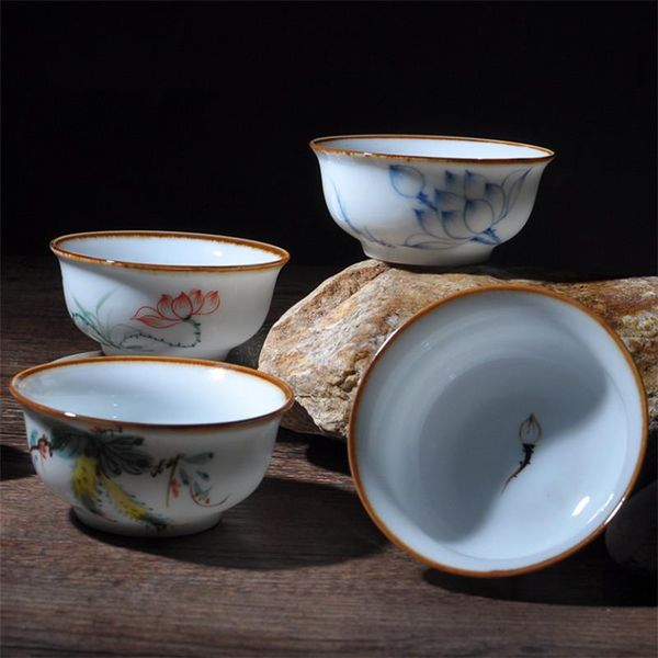 

ceramic hand painted lotus office teacup simple master cup jingdezhen white porcelain kiln change tea drinkware cups & saucers