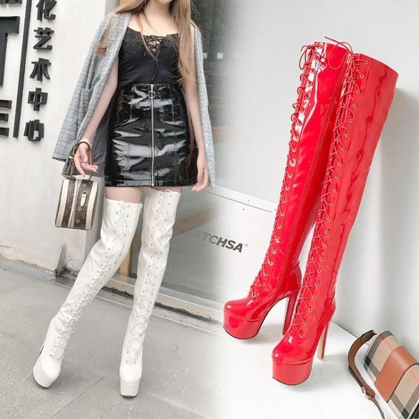 

boots large women's shoes 15cm high heels patent leather elastic night training lace up knee, Black