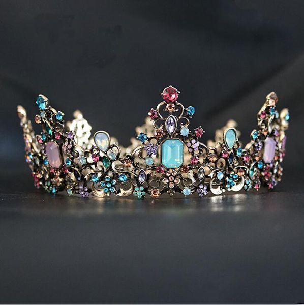 

large round vintage crown headpieces with colorful jelly color full tiara bronze plated antique gold alloy headgear, Silver