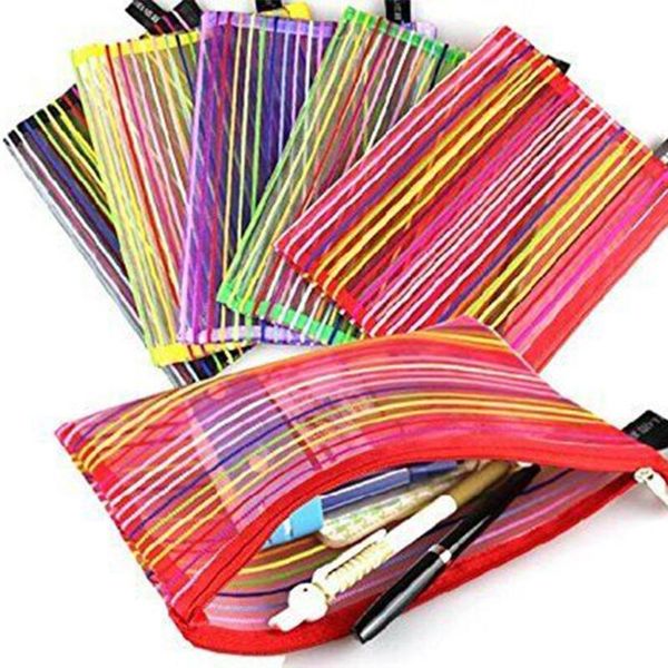 

pencil bags 1pc nylon colorful rainbow stripe paper file bag portable mesh zipper office school a4 folder examination