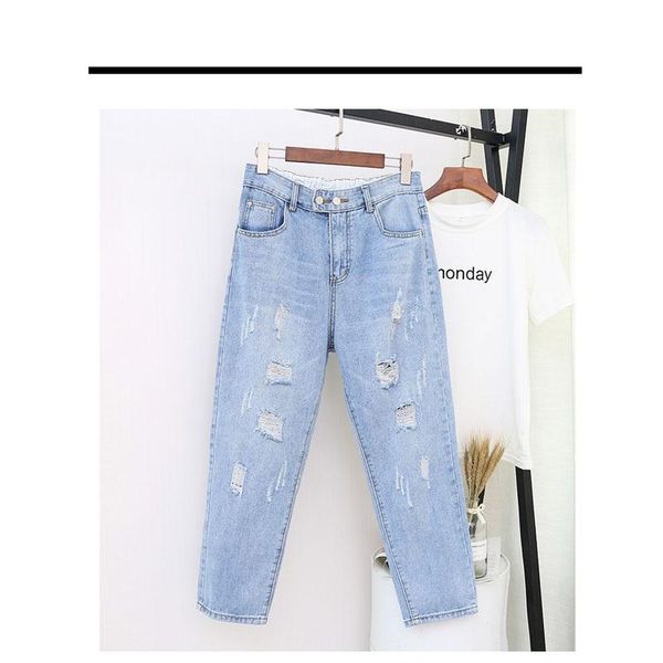 

women's jeans distressed holes loose torn ankle-length plus size harem pants high waist trousers xl-5xl for 200 lbs, Blue