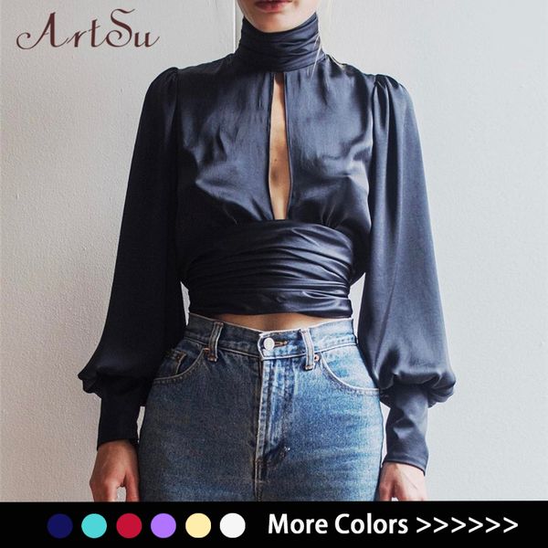 

artsu women lace up bow satin blouse turtleneck shirt backless blouses blusas women puff sleeve crop spring asbl30142, White