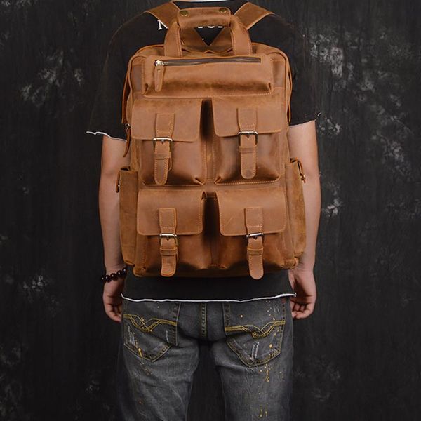 

backpack men genuine leather large capacity crazy horse travel multi pocket rucksack bag for laptop