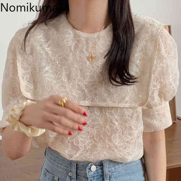 

nomikuma korean lace hook woman shirt summer puff sleeve sailor collar blouse causal new elegant blusas femme 6h209 210427, White